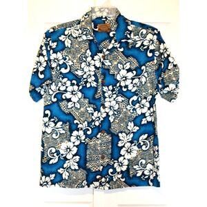 Bullhead Hawaiian Tropical Shirt Men's L Blue White & Brown Floral Short Sleeves